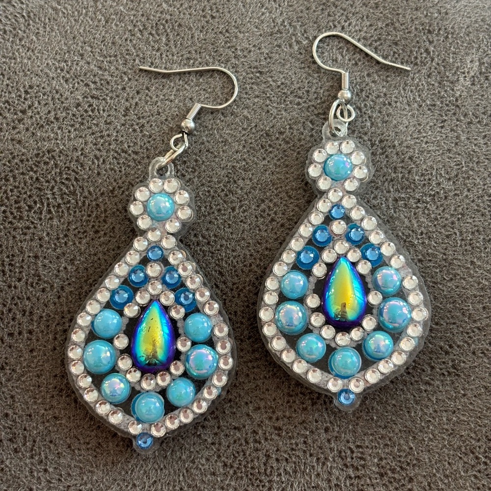 Handmade Diamond Dazzling Blue and Silver Teardrop Earrings